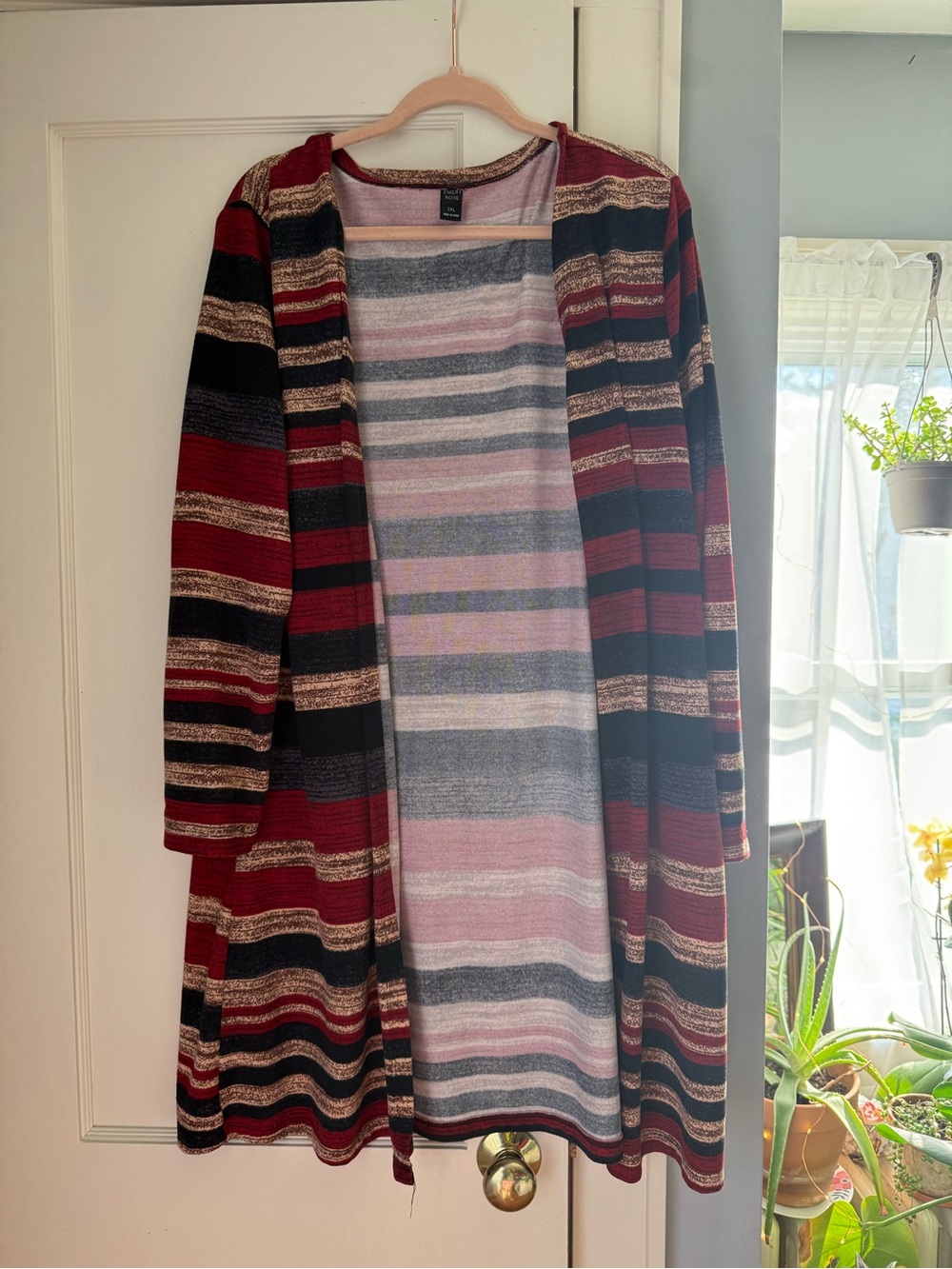 Women’s Striped Open-Front Cardigan Sweater - Burgundy/Black